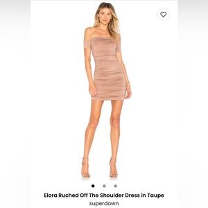 Superdown Elora Ruched Off Shoulder Dress in Taupe